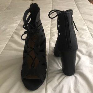 Black lace up block heel booties